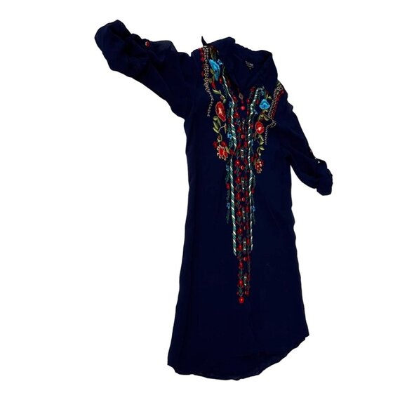 VTG Tunique Tunic Top Medium Floral Embroidery Roll Tab Sleeve Front But… - Picture 5 of 12